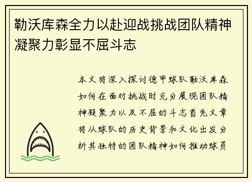 勒沃库森全力以赴迎战挑战团队精神凝聚力彰显不屈斗志