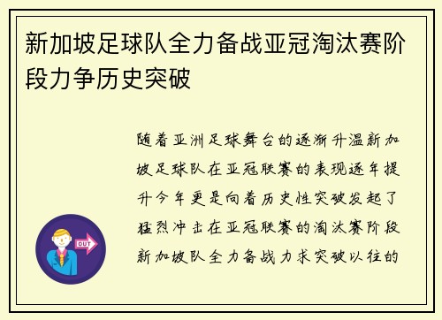 新加坡足球队全力备战亚冠淘汰赛阶段力争历史突破