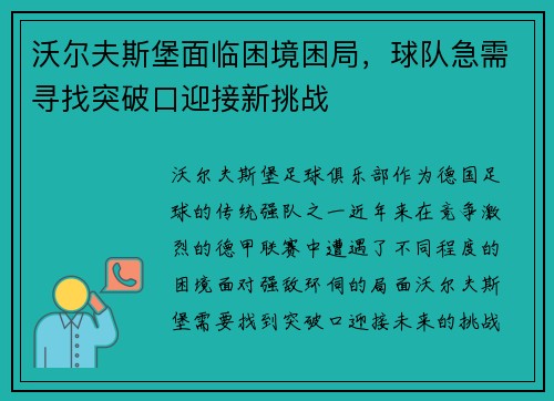 沃尔夫斯堡面临困境困局，球队急需寻找突破口迎接新挑战