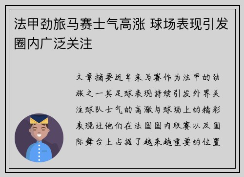 法甲劲旅马赛士气高涨 球场表现引发圈内广泛关注