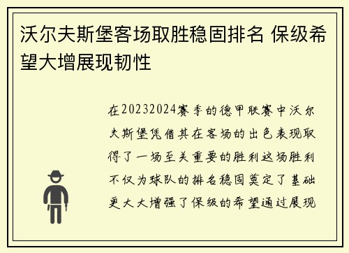 沃尔夫斯堡客场取胜稳固排名 保级希望大增展现韧性