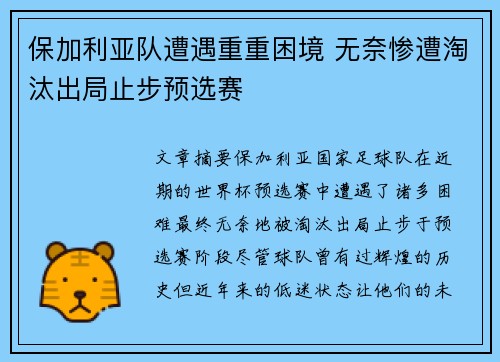 保加利亚队遭遇重重困境 无奈惨遭淘汰出局止步预选赛