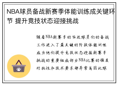 NBA球员备战新赛季体能训练成关键环节 提升竞技状态迎接挑战
