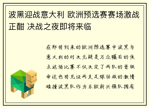 波黑迎战意大利 欧洲预选赛赛场激战正酣 决战之夜即将来临