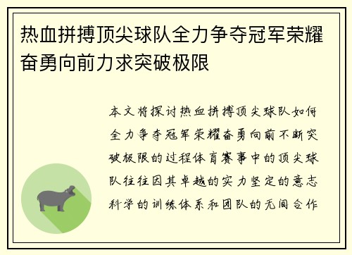 热血拼搏顶尖球队全力争夺冠军荣耀奋勇向前力求突破极限