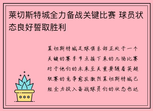 莱切斯特城全力备战关键比赛 球员状态良好誓取胜利