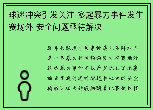 球迷冲突引发关注 多起暴力事件发生赛场外 安全问题亟待解决
