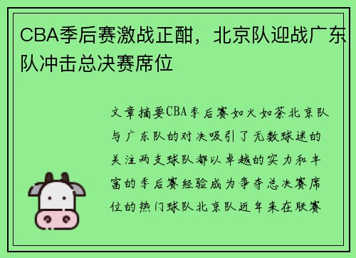 CBA季后赛激战正酣，北京队迎战广东队冲击总决赛席位