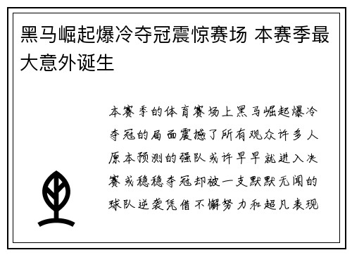 黑马崛起爆冷夺冠震惊赛场 本赛季最大意外诞生